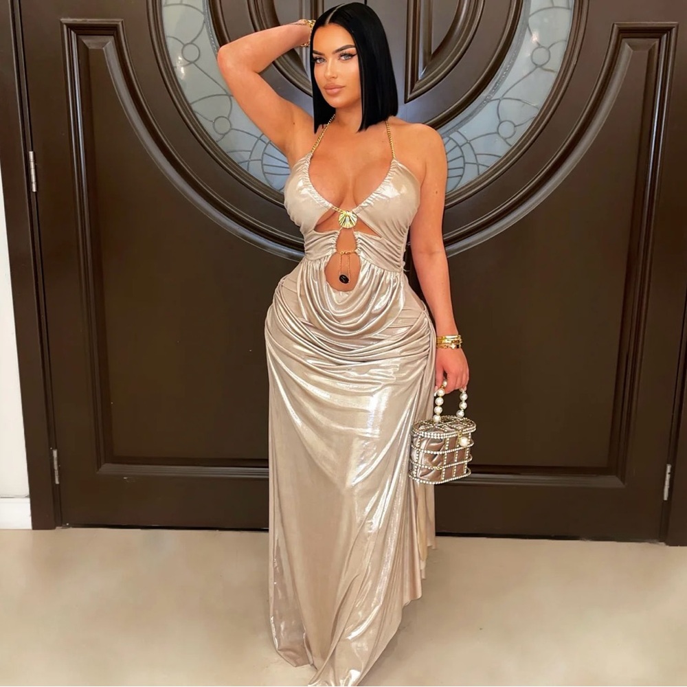 Elegant Metallic Champagne Evening Gown